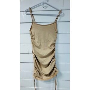 Tan Ruched Bodycon Mini Dress Womens Medium Spaghetti Strap Beige Stretch